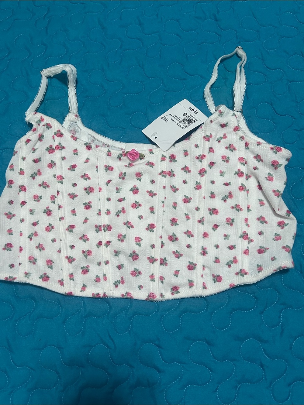 Women’s White Floral Crop Cami and Shorts with Pink Rose Print